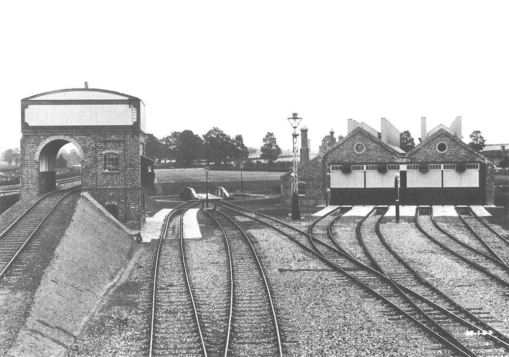 View of the three main components of the 1906 engine shed, the coal stage, the turntable and the four-road shed