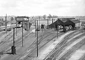 A general aerial view showing the coaling stage, ash roads, turntable and shed in May 1965