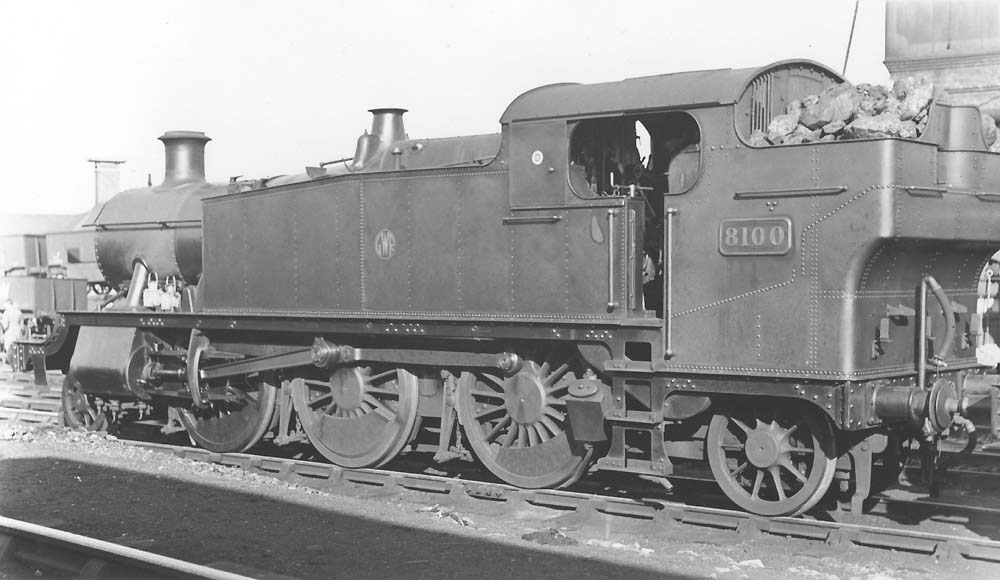 A rear three-quarter view of GWR 2-6-2T Prairie No 8100 showing the nearly new condition of the locomotive on 12th February 1939