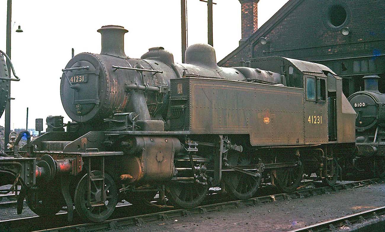 British Railways built 2MT 2-6-2T No 41231, standing in front of Leamington shed in March 1962