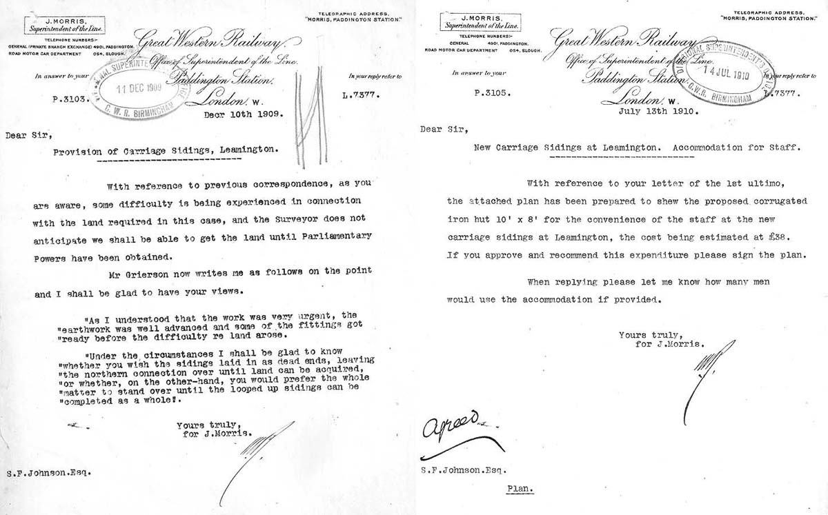 Two GWR internal letters from the Superintendent of the Line to Birmingham Division Superintendent the carriage sidings at Leamington
