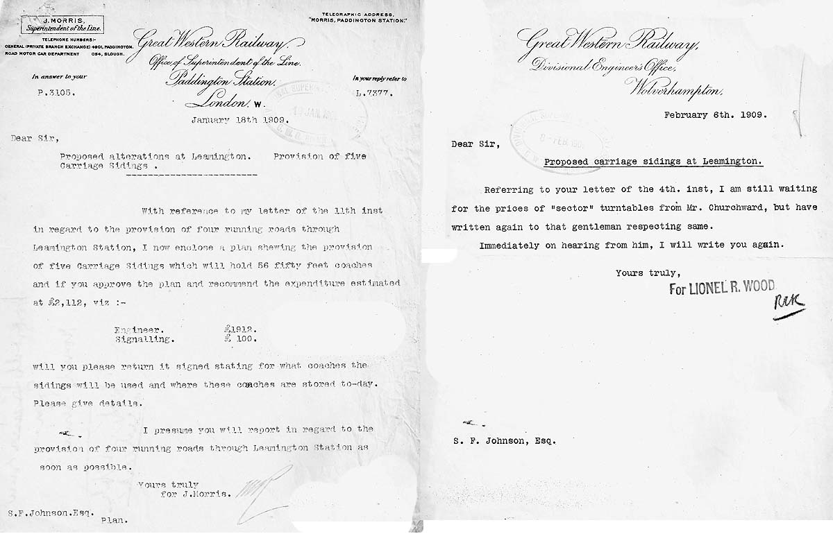 Two Great Western Railway internal letters to Mr SF Johnson (Birmingham Divisional Superintendent of the line based at Snow Hill Station) about the proposed carriage sidings at Leamington