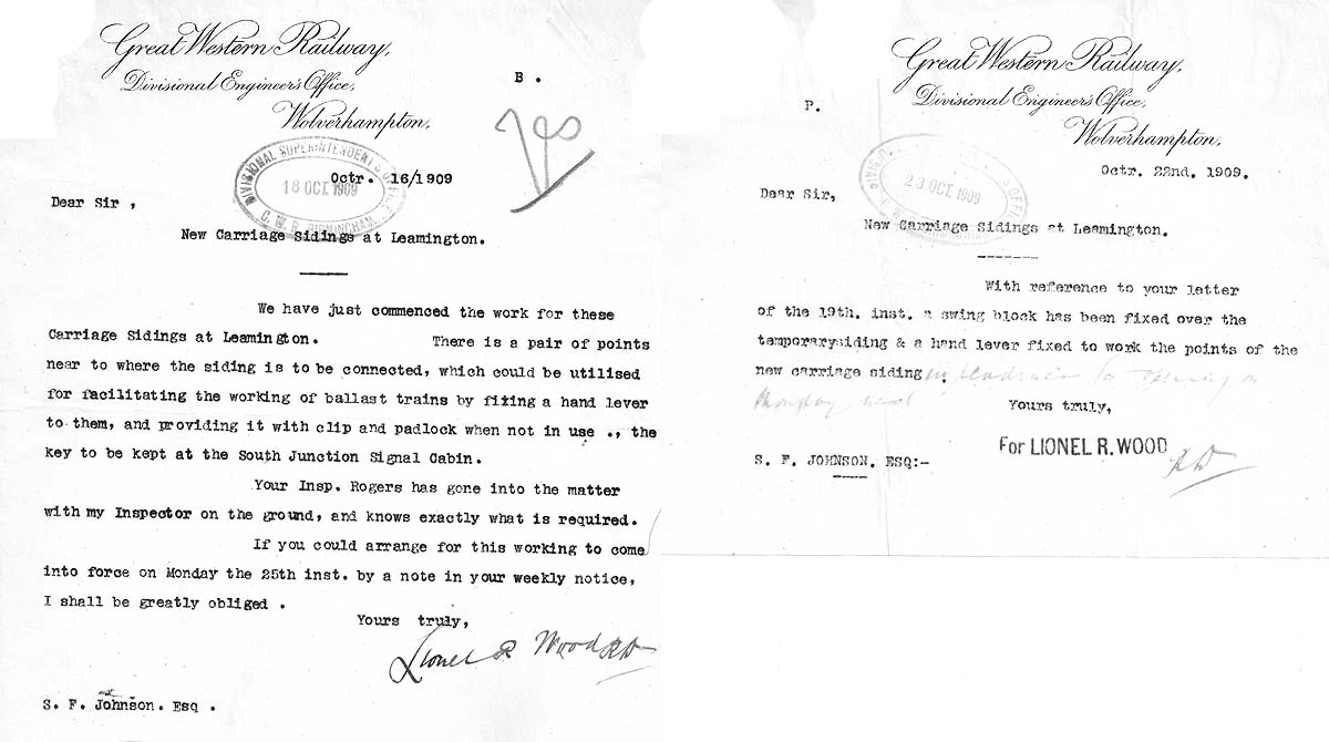 Two GWR internal letters sent in October 1909 from Mr Lionel R Wood based at Stafford Road, to Mr SF Johnson at Snow Hill Station