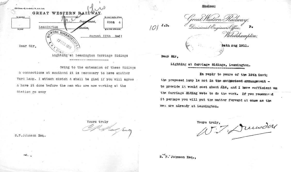 Two GWR internal letters sent in August 1911 to Mr SF Johnson (Birmingham Divisional Superintendant based at Snow Hill Station).