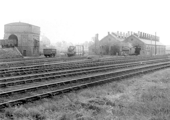A general view of the shed in GWR days with a pair of GWR 2-6-2T Prairie tank locomotives standing in the yard