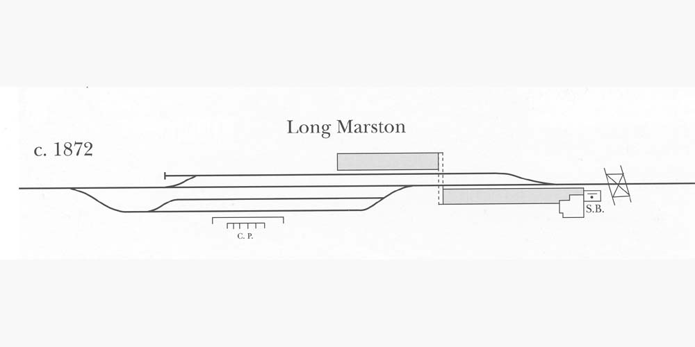 An 1872 schematic drawing of Long Marston station's plan showing the original layout when it was a single line route to Honeybourne