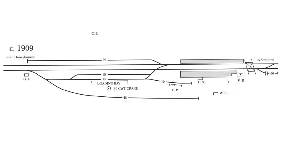 A 1909 schematic drawing of Long Marston station's plan showing the new layout after the doubling of the line to Honeybourne
