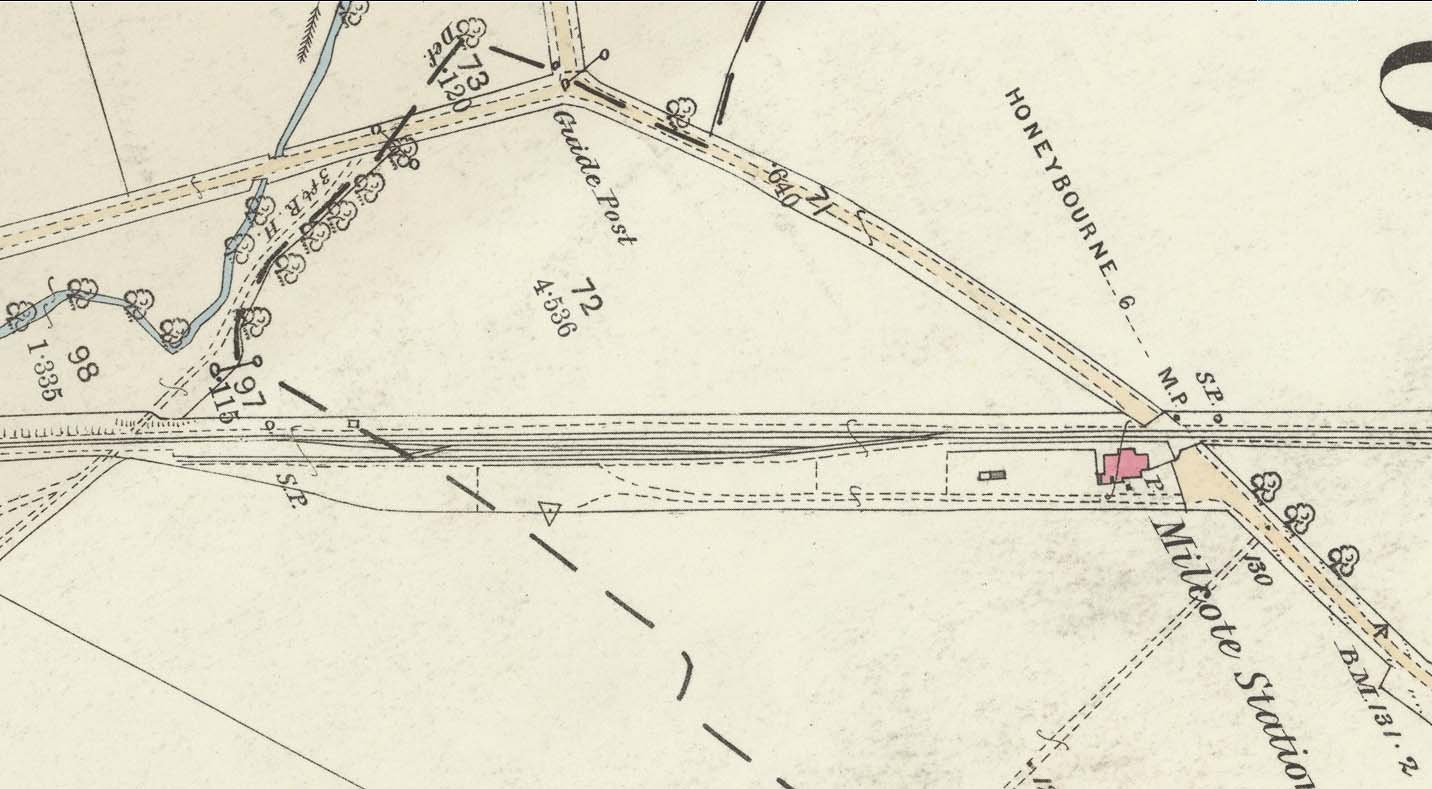 An 1884 Ordnance Survey map of Milcote station showing just the single line, a passing loop and a long siding