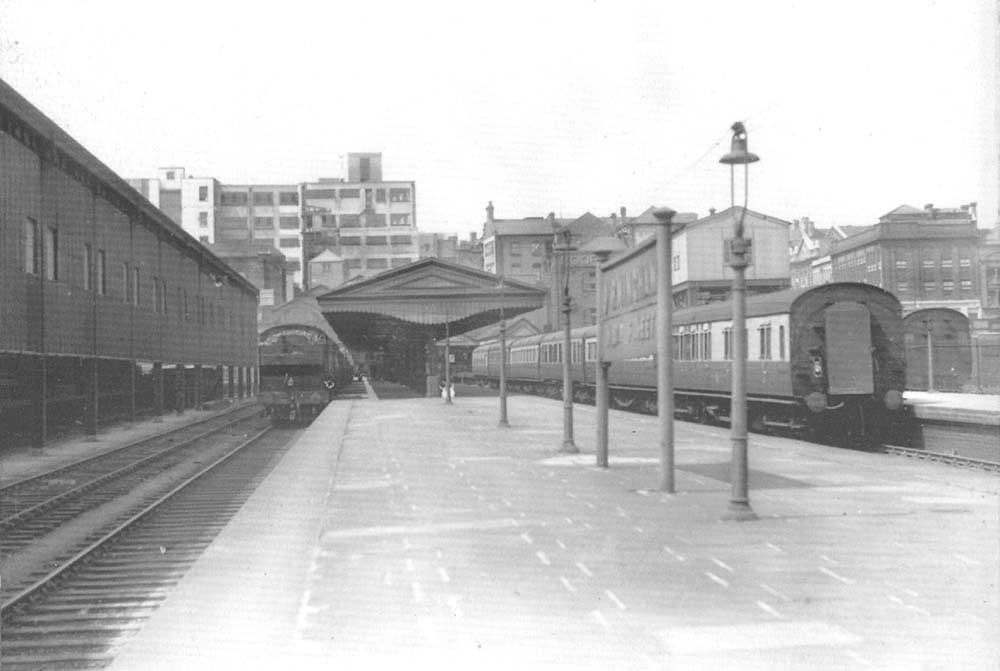 View of Moor Street station with an unknown GWR 2-6-2T 'Prairie' tank running bunker first at the head of a local passenger service
