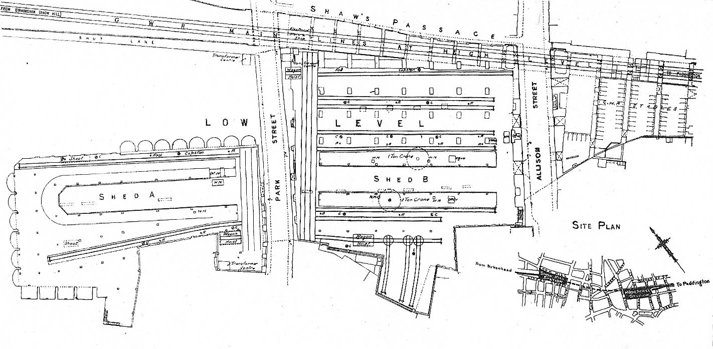 Site plan showing the two lower sheds in relation to the main line to Snow Hill and Park Street and Allison Street which provided access to both sheds