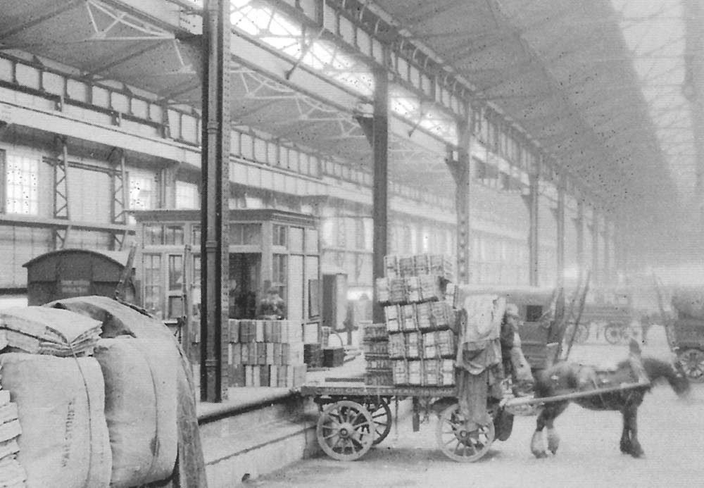 Close up showing the office used by railway staff to record all the goods arriving at the high level shed