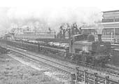 Ex-GWR 0-6-0PT 57xx class No 3625 is seen on a class K freight as it passes Moor Street station as it is about to enter the tunnel to Snow Hill station