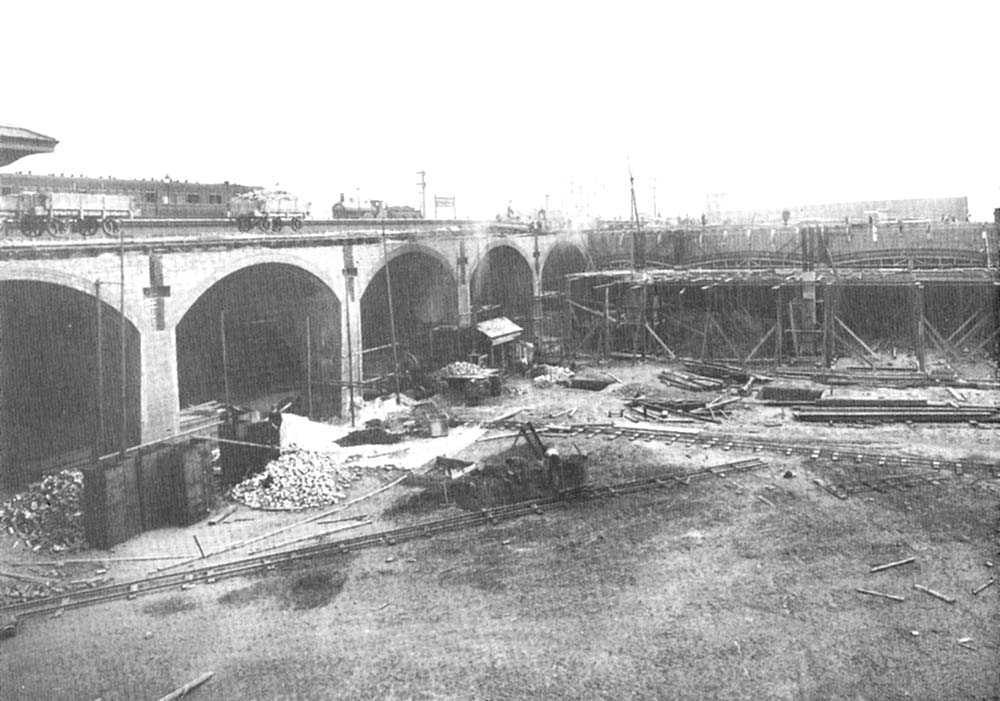 Looking towards Bordesley showing the Snow Hill to Paddington line on the left and the low level Goods Sheds under construction next to the passenger station