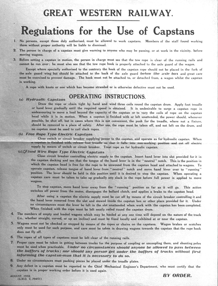 Great Western Railway regulations governing the use of power capstans in goods depots