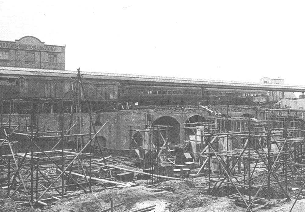 Close-up of Moor Street passenger terminus station, a steam rail-motor and trailer can be seen waiting at the platform