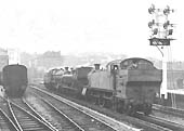 Three Great Western Railway designed locomotives running light past Moor Street Station on the down main to Snow Hill