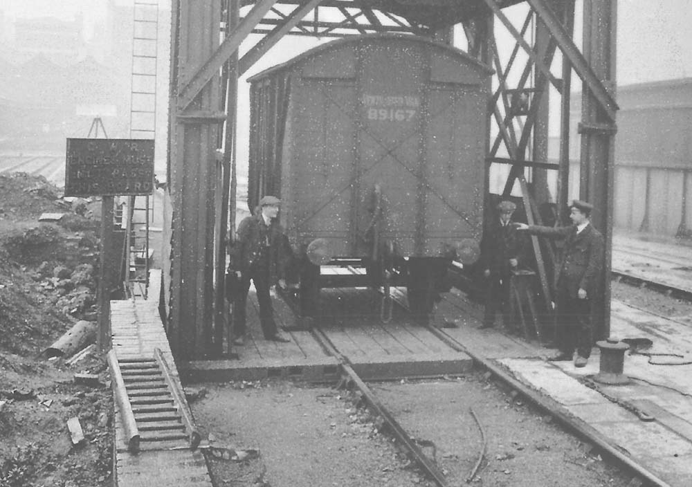 Close up showing staff operating one of the three 20 ton electrically powered wagon hoists located at Moor Street