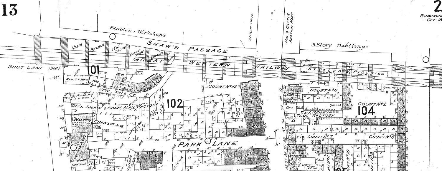 An October 1895 Fire Insurance map showing the Birmingham City end of the Bordesley Viaduct
