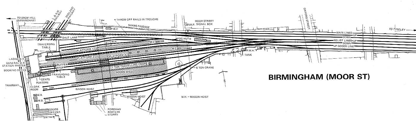 An undated schematic diagram showing the approach over Bordesley Viaduct and the layout of Moor Street station
