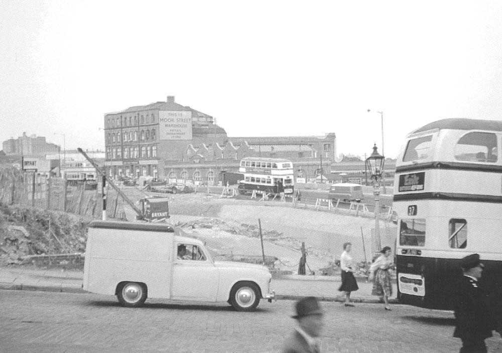 Another view of Moor Street being rebuilt as a Ring Road with the station and goods yard on the right