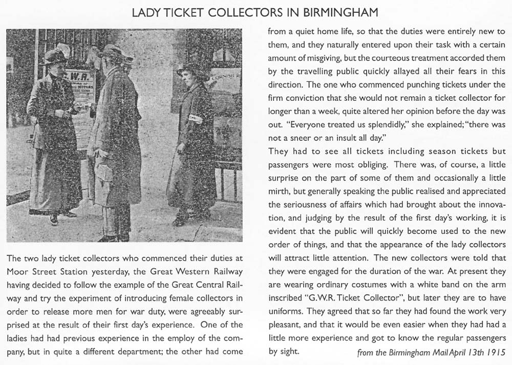 A Birmingham Mail article describing the appointment by the GWR of two lady ticket collectors