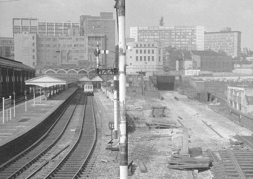 Looking north towards Moor Street station with the lifted track bed to Snow Hill tunnel on the right