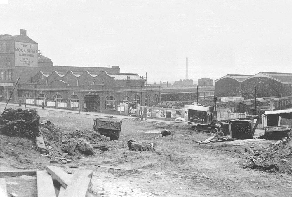 A long distance view of Moor Street passenger station and goods station during the building of ring road in the 1960s