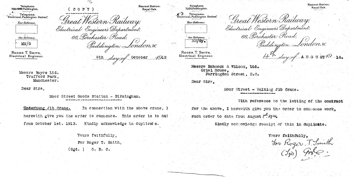 Letters from Roger T Smith authorising construction of the specialist Jib Cranes for use in Moor Street Goods Depot