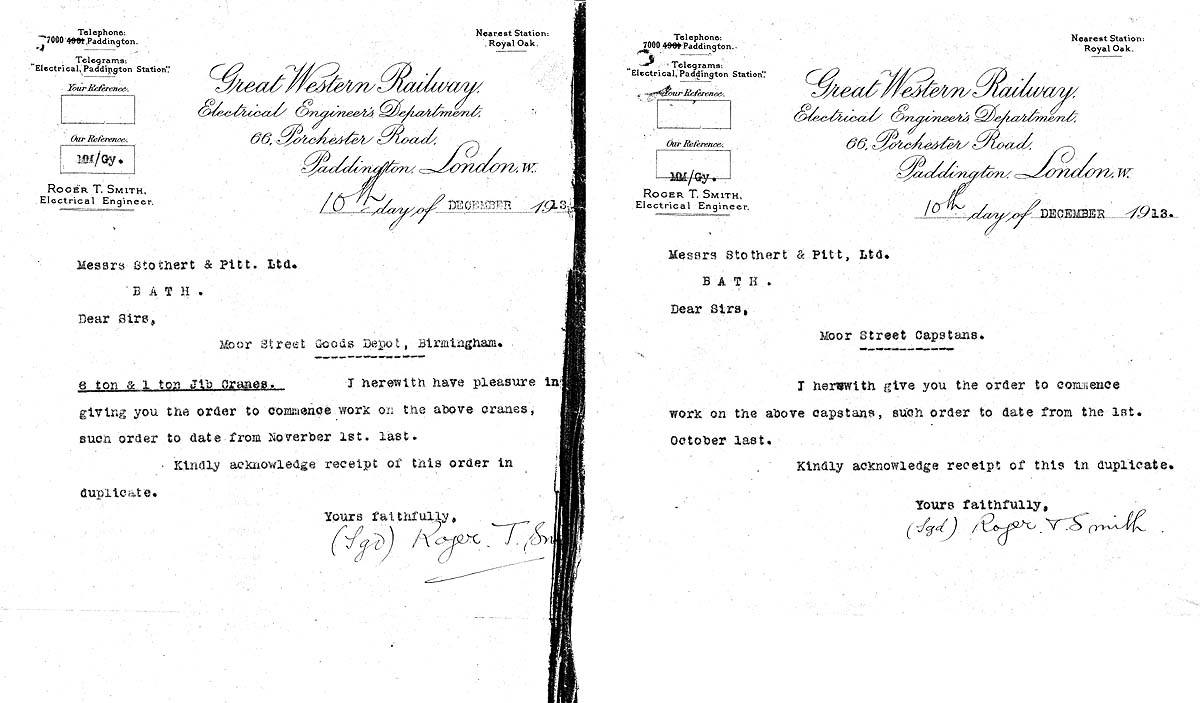 Two official letters from Roger T Smith authorising Stothert & Pitt Ltd to commence construction of the Jib Cranes and Capstans