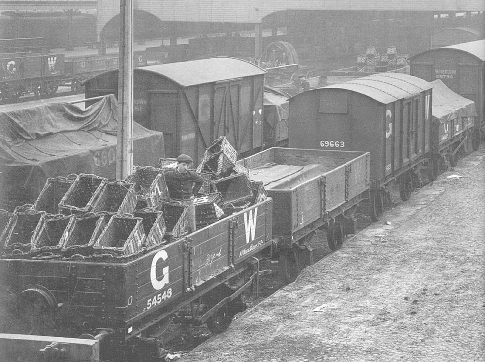 A mixture of Great Western Railway open and van wagons on the siding roads at Moor Street Station in May 1915