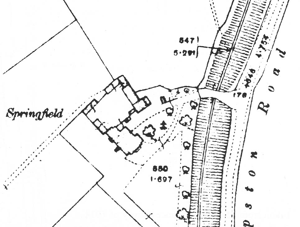 An undated Ordnance Survey map showing the tramway passing through a cutting adjacent to Springfield House
