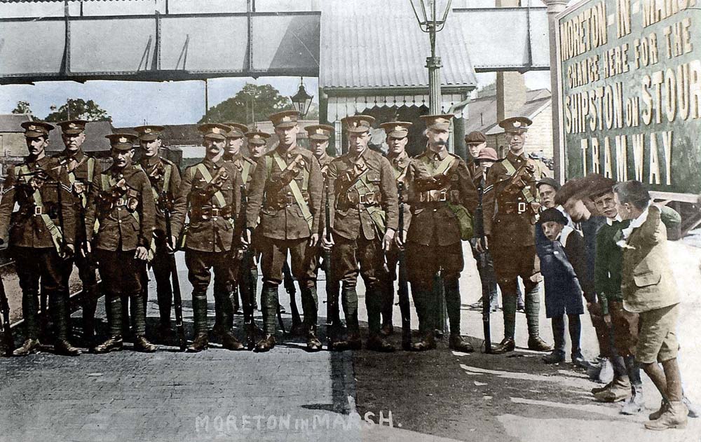 A platoon of Territorial soldiers line up for the photographer on the London-bound platform in August 1914
