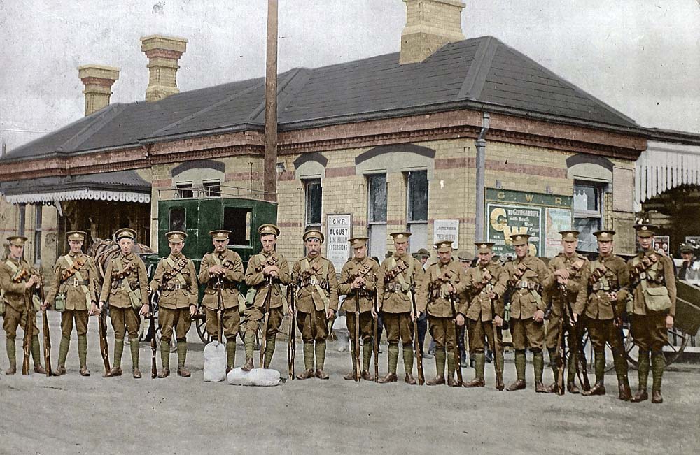 A number of Territorial soldiers line up for the photographer outside Moreton in Marsh station in August 1914