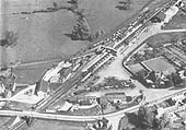 An aerial view of Moreton-in-Marsh showing the station layout with the original tramway buildings at the bottom of the photograph