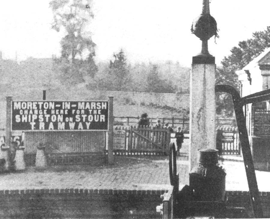 The station name board seen at Moreton-in-Marsh station which informed passengers to 'change here for the Shipston-on-Stour Tramway'