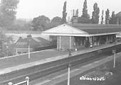 Close up showing the relief island platform and the rear of the booking office situated at road level
