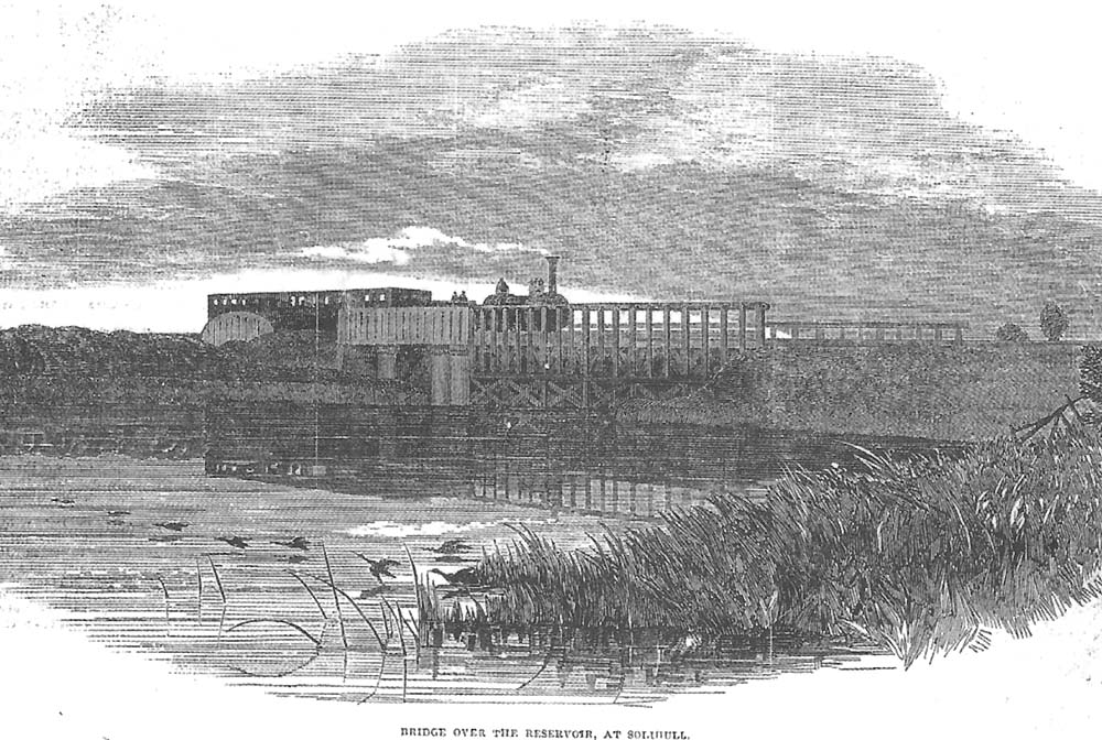 Engraving showing the two bridges at Olton, a simple plate girder bridge and a balloon-top bridge