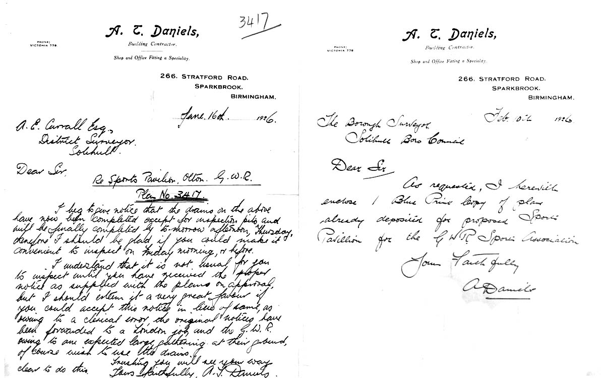 Two letters from local builder AT Daniels to Solihull Council in 1926, regarding the building inspection of the sewage drainage works