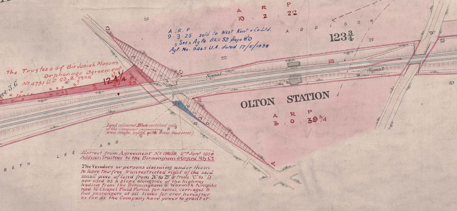 A survey map of the Birmingham & Oxford Junction railway dated 1878 shows the land purchased by the railway shaded pink