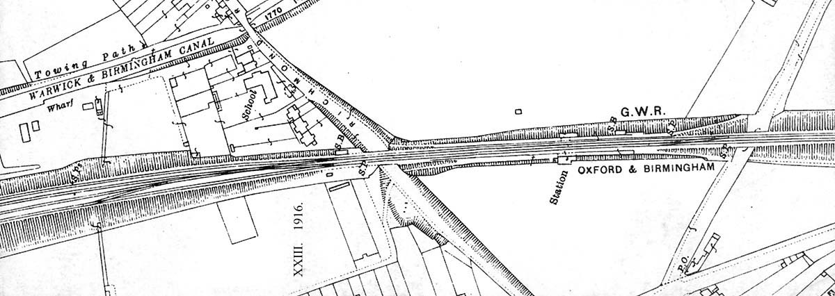 Layout of Olton's original station showing the up platform at the top and the down platform, with larger station building housing the booking office, at the bottom