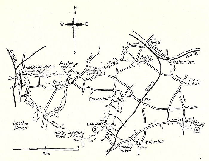A map of the Great Western Railway's Ramble starting at Hatton progressing through Norton Lindsay, Langley, Yarningale Common and returning to Hatton station