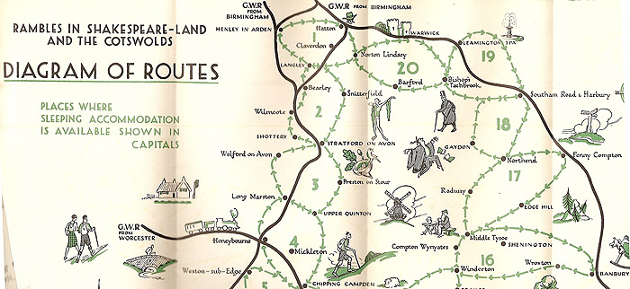 A diagram of the various rambling routes and sleeping accommodation identified by the Great Western Railway across Shakespeare-land and the Cotswolds