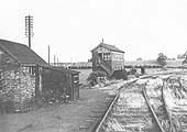 Looking along the branch towards Henley in Arden and Rowington Junction Signal Box with a PW hut on the left