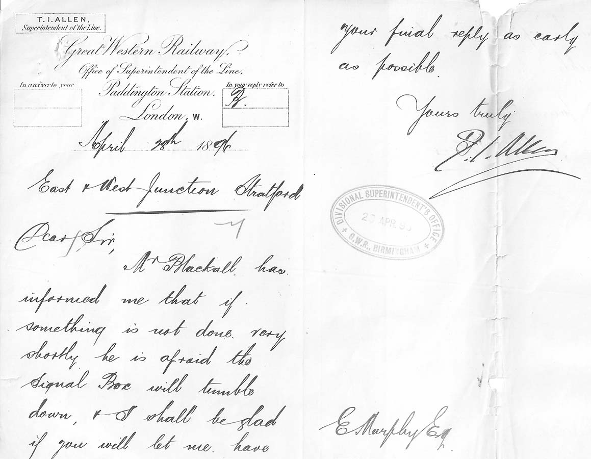 A warning that if something is not done very shortly Mr TI Allen is afraid the Signal Box will tumble down