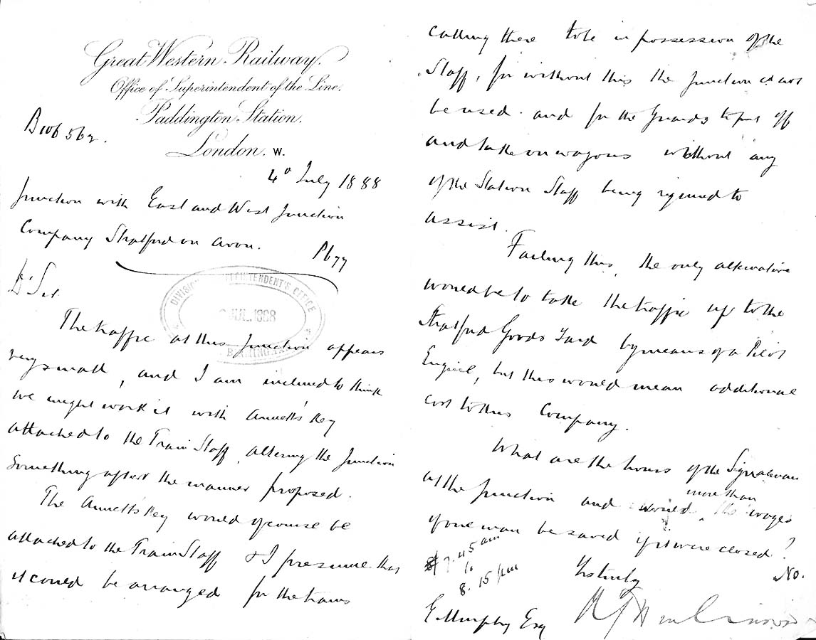 Internal correspondence from Mr E Murphy dated 4th July 1888 relating to alternative to there being a signal box