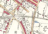 An 1885 Ordnance Survey map showing the layoput and juxtaposition of Evesham Road Crossing and Sanctus Street