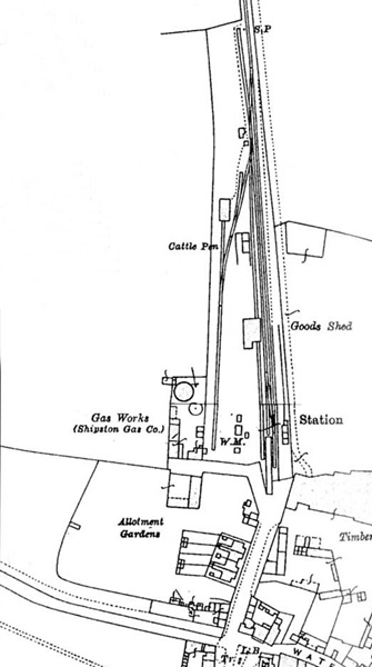 Ordnance Survey map showing the layout of Shipson-on-Stour station and goods yard and shed