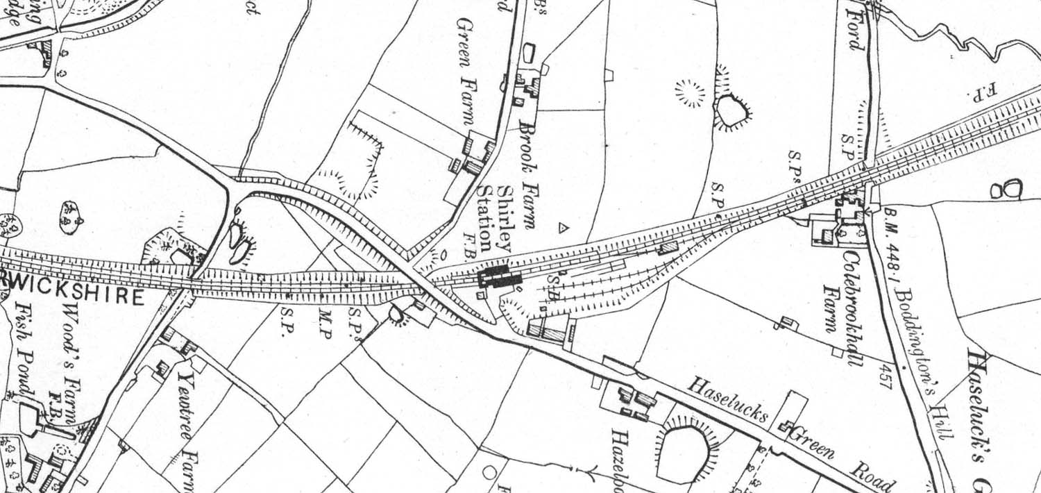 A 1914 Ordnance Survey Map showing Shirley Station, the goods yard and shed and the refuge sidings on each line