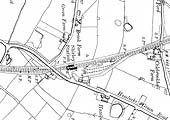 A 1914 Ordnance Survey Map showing Shirley Station, the goods yard and shed and the refuge sidings on each line