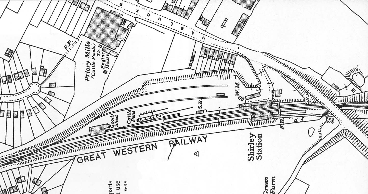 A large scale 1937 Ordnance Survey Map of Shirley Station showing the layout of the station and goods yard